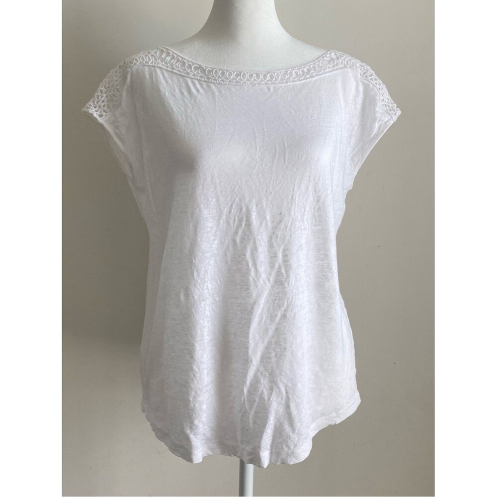 Loft Linen Crochet Trim Modern Wedge Boatneck White Cap Sleeve Tee Daytime M